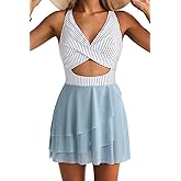 EVOCRCO Women One Piece Swim Dress Tummy Control Mesh Swimsuits Wrap Sarong Bathing Suit V Neck Slimming Swimwear