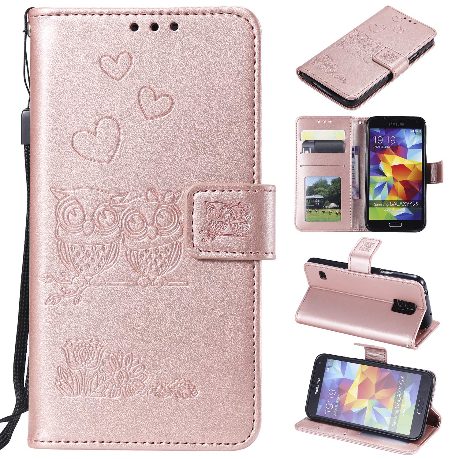 Dteck Wallet Case for Samsung Galaxy S5-3D Owl Fashion Embossed PU Leather Flip Stand Full Body Protection Case with Hand Strap Magnetic Clasp Card Holders for Samsung Galaxy S5 I9600, Rosegold