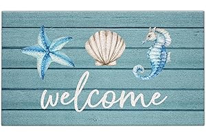 Beach Welcome Mat for Front Door, Beach Door Mat, Starfish Seashell Seahorse Beachy Door Mats Indoor Outdoor Entrance Porch, 