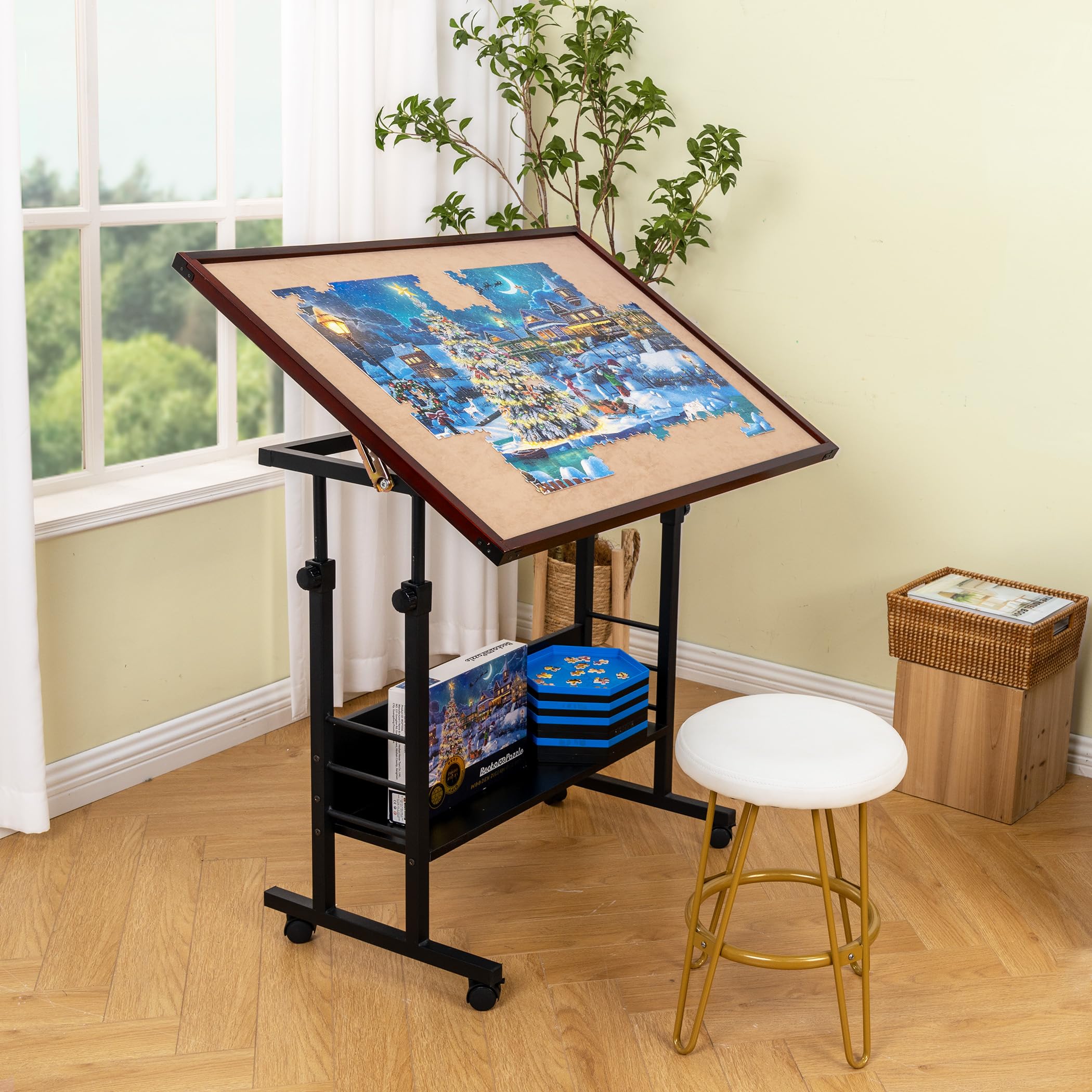 Becko US 1500 Piece Tilting Puzzle Table with Cover Mat, Puzzle Board with 5 Tilt Angle & Height Adjustment, Portable & Movable Tables with Legs & Storage for Adults, for 1500 Piece Jigsaw Puzzles