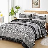 WONGS BEDDING Boho Quilt Set Queen Size,Black Bohemian Striped Patchwork Bedspread Set,3 Pieces Microfiber Bedding Set for All Seasons (96"x90")
