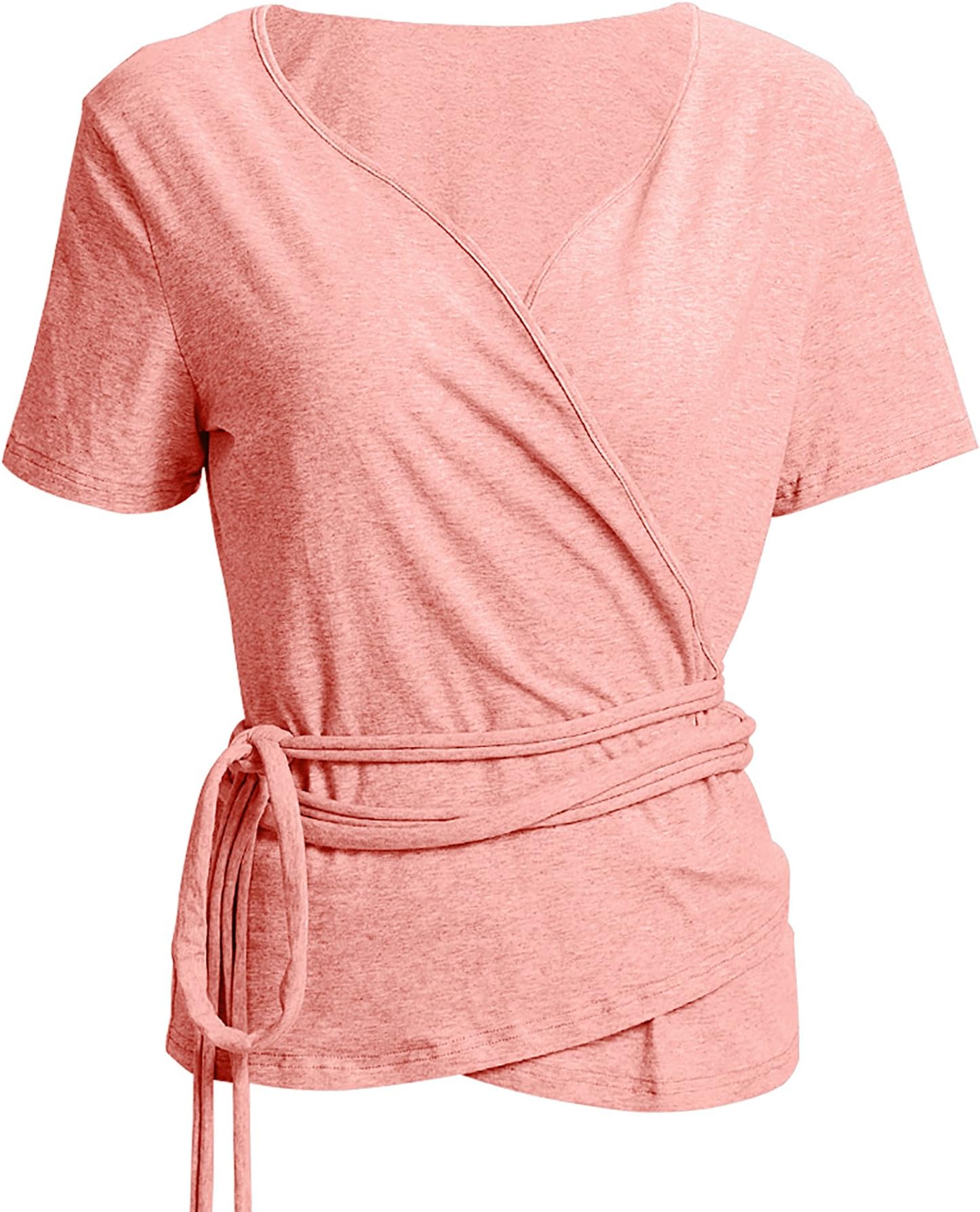 NEWISTAR Women's Deep V Neck Tee Shirts Short Sleeve Sexy Unique Cross Wrap Tops with Waistband S-XL