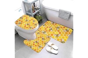 Jbofyee Cute Bees and Yellow Honeycomb 3 Piece Bathroom Rugs Set, Bath Mat + Contour Mat + Toilet Seat Cover, Non-Slip Soft Microfiber Bathmat for Tub Shower Room Decor, Machine Washable