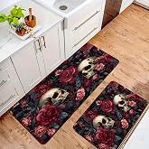 CAUMTLZ Floral Skull Pattern Dark Roses Anti Fatigue Kitchen Rugs Sets of 2 Cushioned Floor Mats Waterproof Non Slip Comfort Standing Mats for Kitchen Office Sink Laundry 47