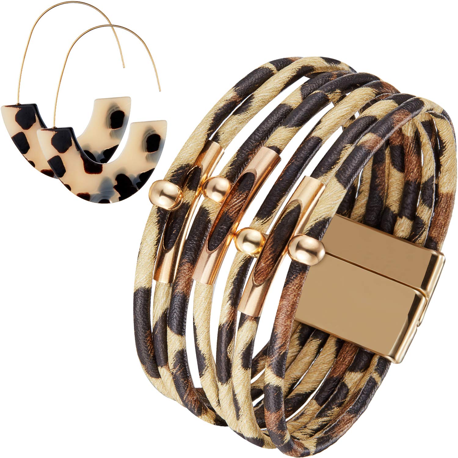 Hicarer Leopard Bracelets and Earrings for Women Cheetah Bracelets Tortoise Shell Earrings Multilayer Leather Wrap Bracelets Boho Accessories for Women Large Wrists (Beige Leopard)