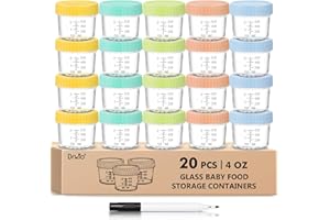 DRKIO 20 Pack Glass Baby Food Storage Containers 4 Oz Baby Food Jars with Lids Baby Food Maker Microwave Dishwasher Freezer Safe 100% Leak-Proof BPA Free