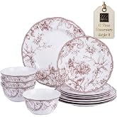 222 Fifth Adelaide Brown on White 12-Piece Dinnerware Set &ndash; Service for 4, Big Dinner Plates and Bowls Sets,Durable Porcelain, Microwave and Dishwasher Safe, for Everyday Dining &amp; Entertainment