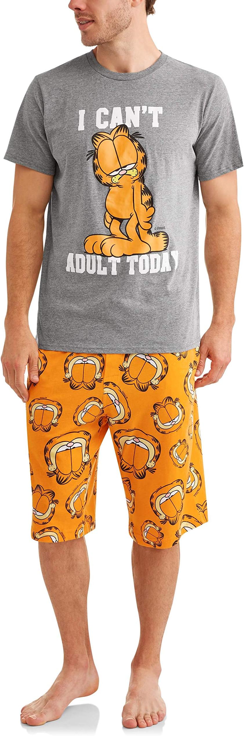 Men's Pajama Sleep Tee and Jam Short Set, Large Grey/Orange