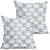 aportt Blue Green Block Print Pillow Covers 18X18 Inch Set of 2 Boho Flower Decorative Pillow Cases Spring Summer Rustic Cotton Linen Cushion Case Farmhouse Home Decor for Sofa Couch Living Room
