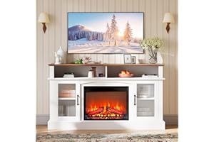 GRUSIGN Modern 58'' White Fireplace TV Stand, 23'' Electric Fireplace Entertainment Center for TVs up to 65'' with Remote Control, Open Shelves and 2 Door Storage Cabinet, TV Consoles for Living Room