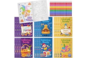 Cinrobiye 24 Set Purim Coloring Books DIY Happy Purim Mini Coloring Booklet Set with Stacking Crayons for Jewish Carnival Hol