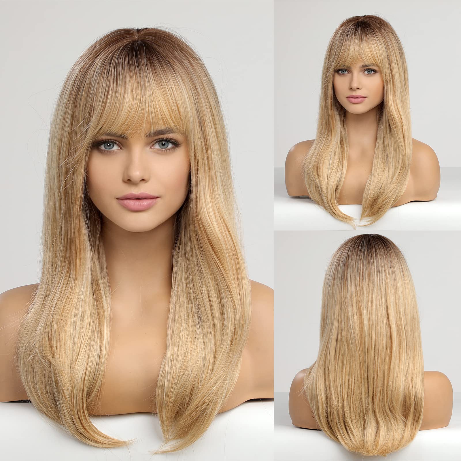 HAIRCUBE Long Blonde Wigs for Women, Straight Wigs with Fringe, Synthetic Layered Hair Wig with Dark Roots