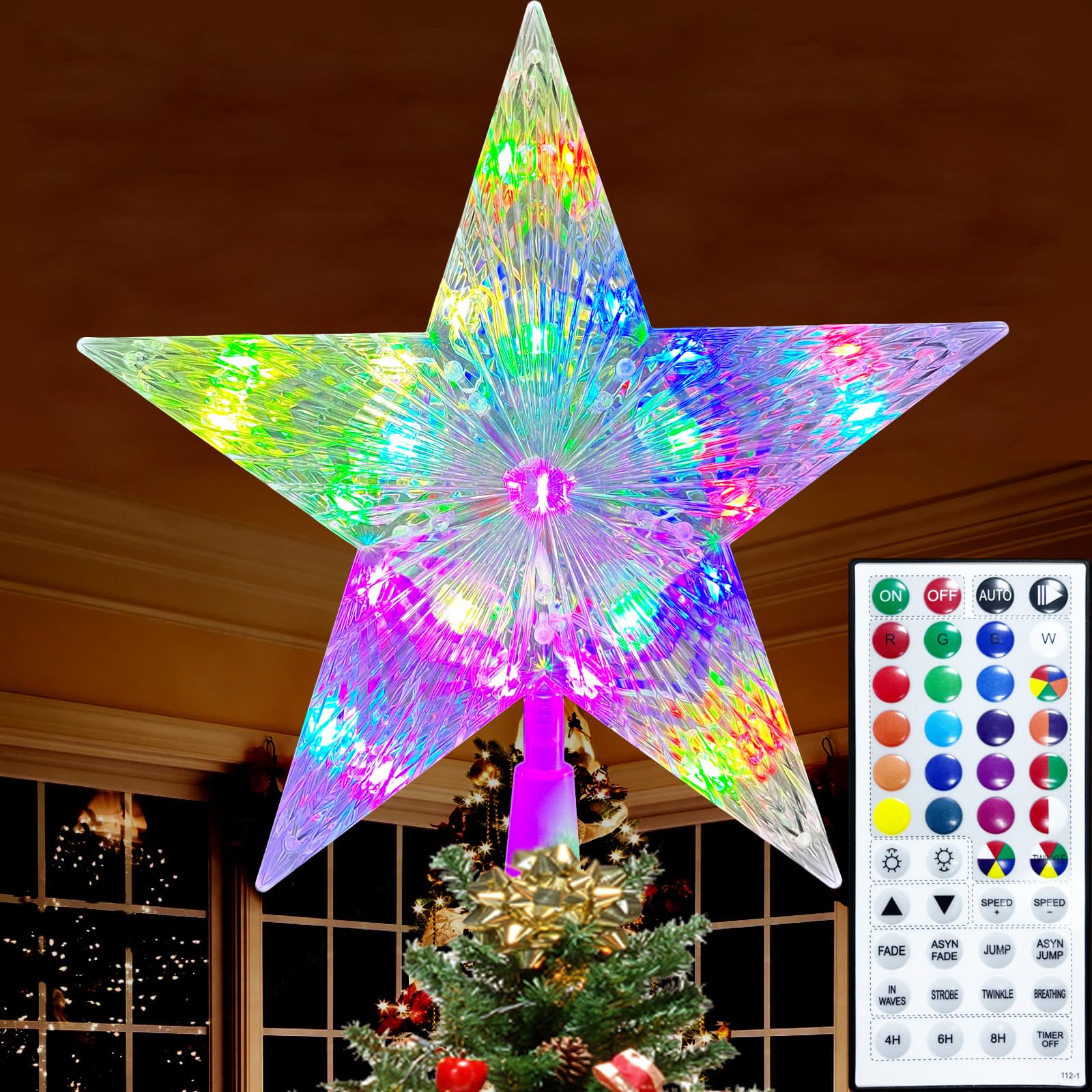 Photo 1 of 9" Christmas Tree Topper Star, RGB LED Lighted Star Tree Topper w/Remote Control, 128 Light Modes, Dimmable, Timer, USB Plug in, Color Changing Treetop for Xmas Holiday Party Gift Decorations