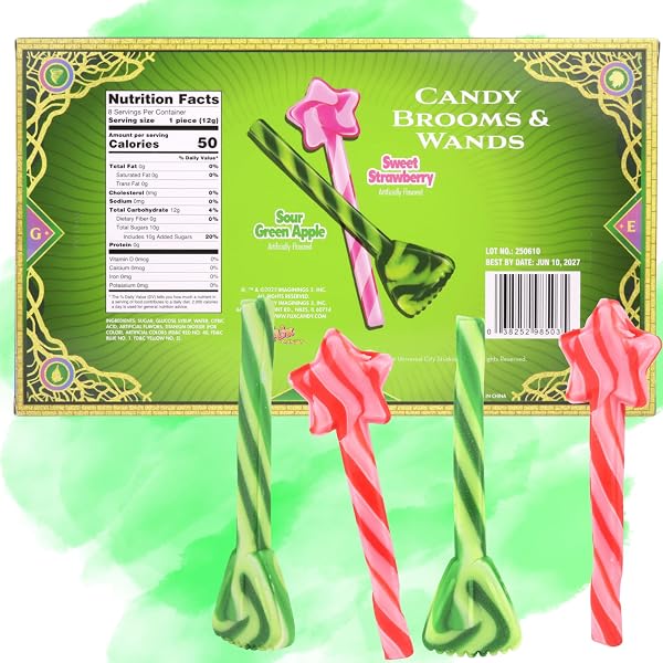WICKED CANDY CANE BROOMS AND WANDS, SWEET AND SOUR FLAVORED STIRRING STICKS, CHRISTMAS STOCKING STUFFER TREATS, 8 COUNT, 3.38 OUNCES (PACK OF 2)