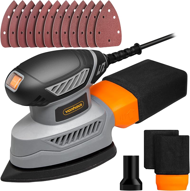 VonHaus Detail Sander 130W Electric Wood Sander Dust Collector 12 Sandpaper