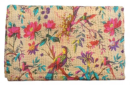 Sovereigns Cotton Bird Print Twin Size Kantha Quilt (60x90-inch, Beige)