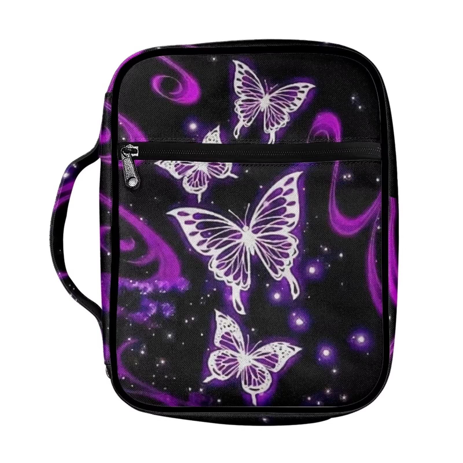 ZIATUBLES Purple Butterfly Print Bible Cover Bible Cover for Boy Portable Bible Carrying Case with Handleand Zippers Bible Bags and Totes Kids Bible Study Supplies Stationery Bible Bag