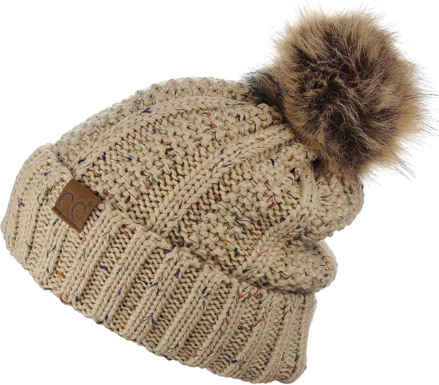 C.C Thick Cable Knit Faux Fuzzy Fur Pom Fleece Lined Skull Cap Cuff Beanie, Black at  Women’s Clothing store
