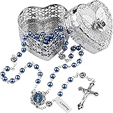 HanlinCC 6mm Glass Pearl Beads Catholic Rosary Necklace with Metal Heart Rose Gift Box