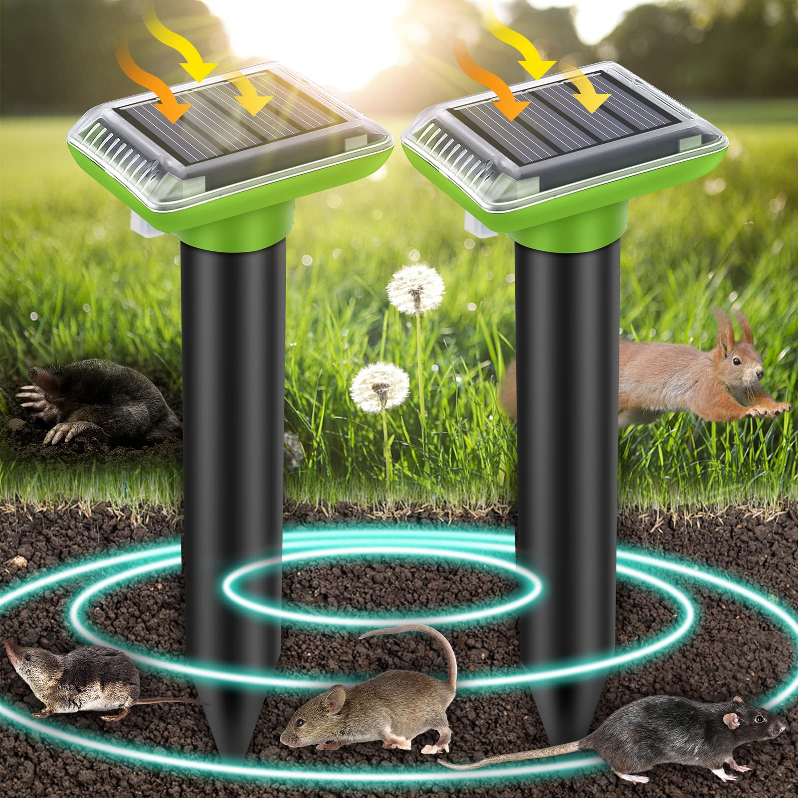 Photo 1 of Solar Ultrasonic Mole Repellent, Gopher Repeller Ultrasonic Outdoor, Solar Powered Waterproof Snake Repellent Deterrent Gopher Vole Snake Pest and Other Animals from Lawn Garden Yard Home(2 Packs)