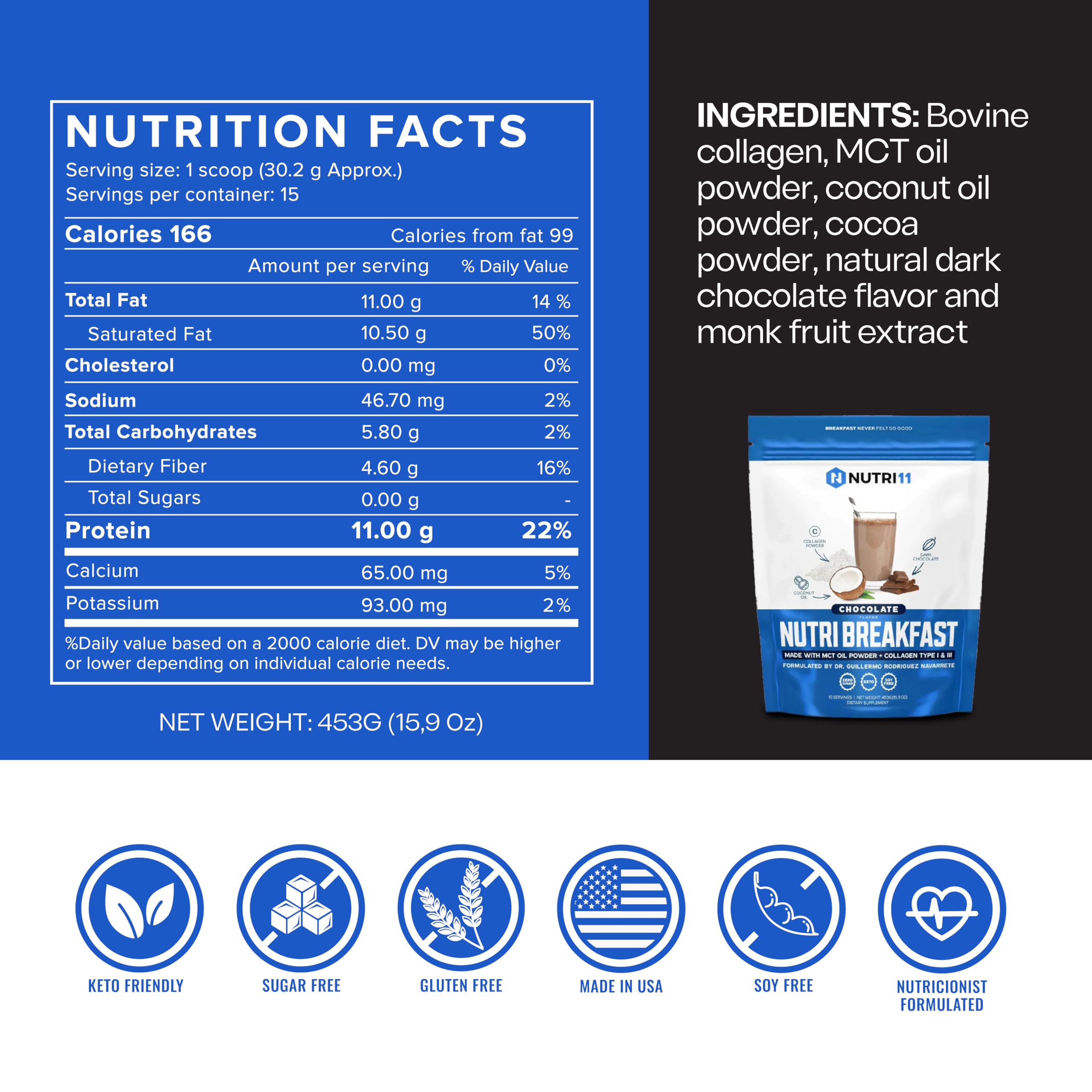 NutriBreakfast by Nutrillermo/Keto Protein Collagen Powder with MCT Oil/MCT Oil Powder/Keto Collagen Peptides with Grass-Fed Bovine Collagen Type I & III (15.9, Chocolate)