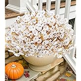 Fake Mums Artificial Fall Flowers Fake Plants for Outdoors Autumn Decor, 12 Bundles White Silk Morning Glory with Eucalyptus Look Real UV Resistant Faux Flowers for Outside Planters Front Door Yard