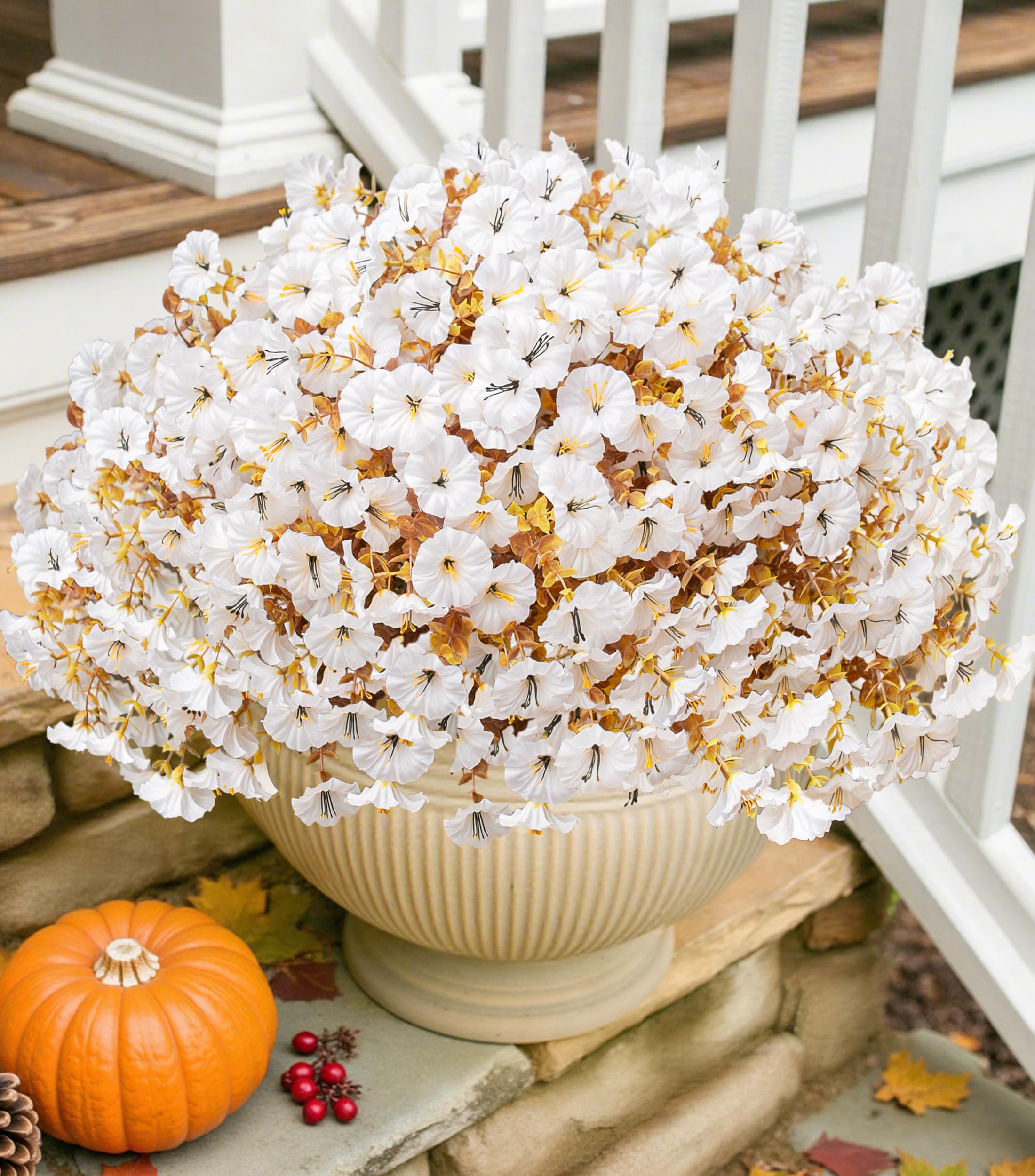 Photo 1 of Fake Mums Artificial Fall Flowers Fake Plants for Outdoors Autumn Decor, 12 Bundles White Silk Morning Glory with Eucalyptus Look Real UV Resistant Faux Flowers for Outside Planters Front Door Yard