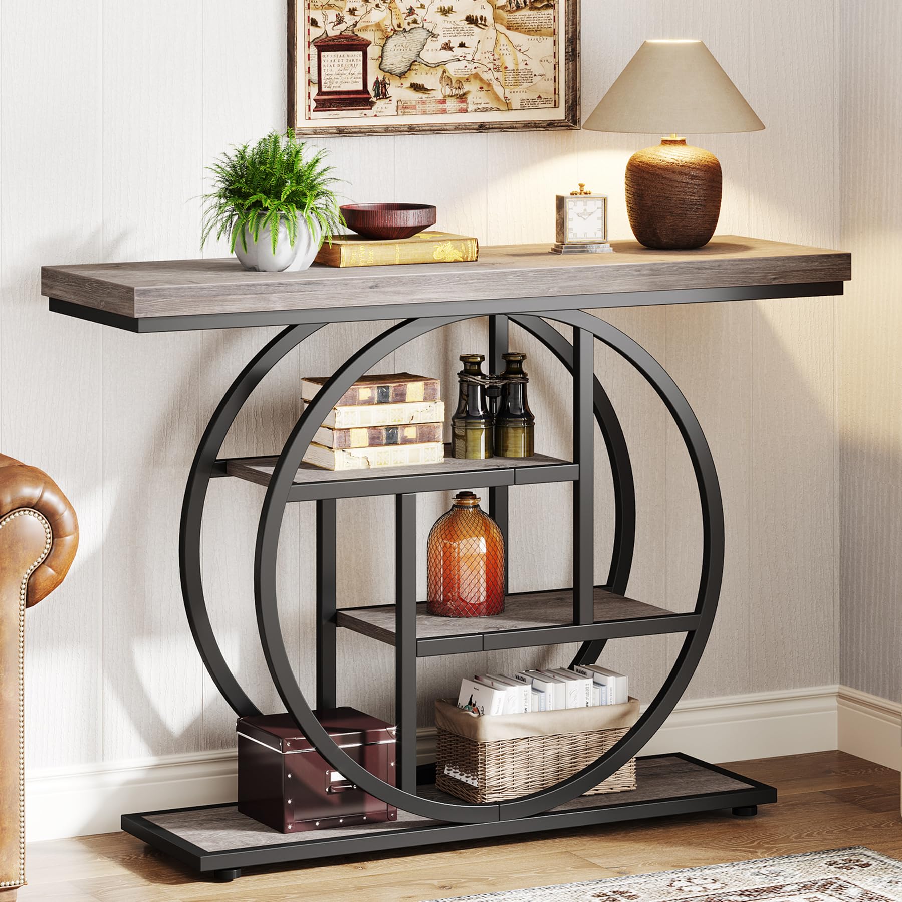 Tribesigns 41.3" Console Table, Industrial 4-Tier Sofa Table Entryway Table with Circle Base, Narrow Wood Accent Tables with Storage Shelves for Living Room, Hallway, Foyer, Gray Image