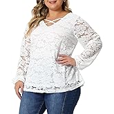 Agnes Orinda Plus Size Lace Blouse for Women Cross V Neck Sheer Double Layers Long Sleeve Shirt Tops