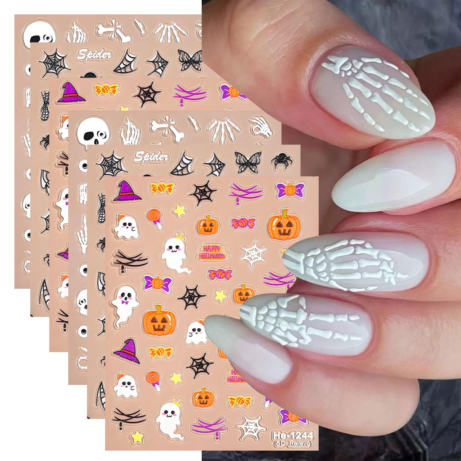 Photo 1 of 12Pcs Halloween Nail Stickers - 5D Embossed Halloween Nail Decals - Self-Adhesive Hand Bones Skull Spider Web Pumpkin Nail Design Decorations for Halloweens DIY Manicure Supplies