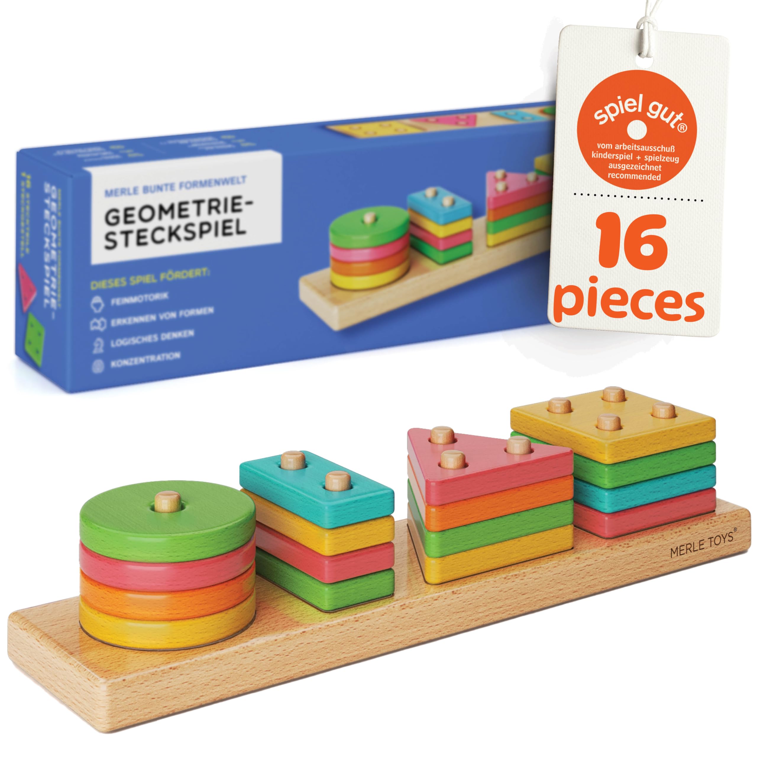 Merle Toys® Wooden Shape Sorter for 1 Year Old, 100% Beech Wood, Wooden Stacking Toys with 16 Rounded Colourful Shapes, Baby Shape Sorters for 2 Year Olds, Toddler Montessori Toys, Colour Sorting Toy