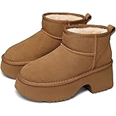 TEMOFON Womens Snow Mini Boots: Genuine Suede Leather Heights Platform Ankle Boots - Winter Warm Fur Lined Anti-Slip Fashion Booties