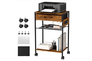 Curlix 3-Tier Printer Stand with Charging Station, Wood & Metal Printer Table with Storage Drawer for Home Office, Rolling Printer Cart with AC, USB, C-Type Port and Wheels