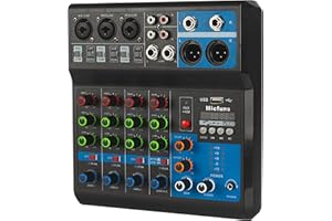 MICFUNS Mini audio DJ mixer Sound Board Console System,5 Channel 48V Phantom Power with Bluetooth USB MP3 Stereo live DJ Studio Streaming for professional recording party KTV stage