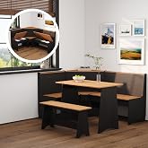 Farmhouse Breakfast Nook Table Set with Corner Bench (Black + Natural) | Dining Nook Set with Storage Function, Mid Century Modern Small Dining Table Set, Kitchen Table Corner Set