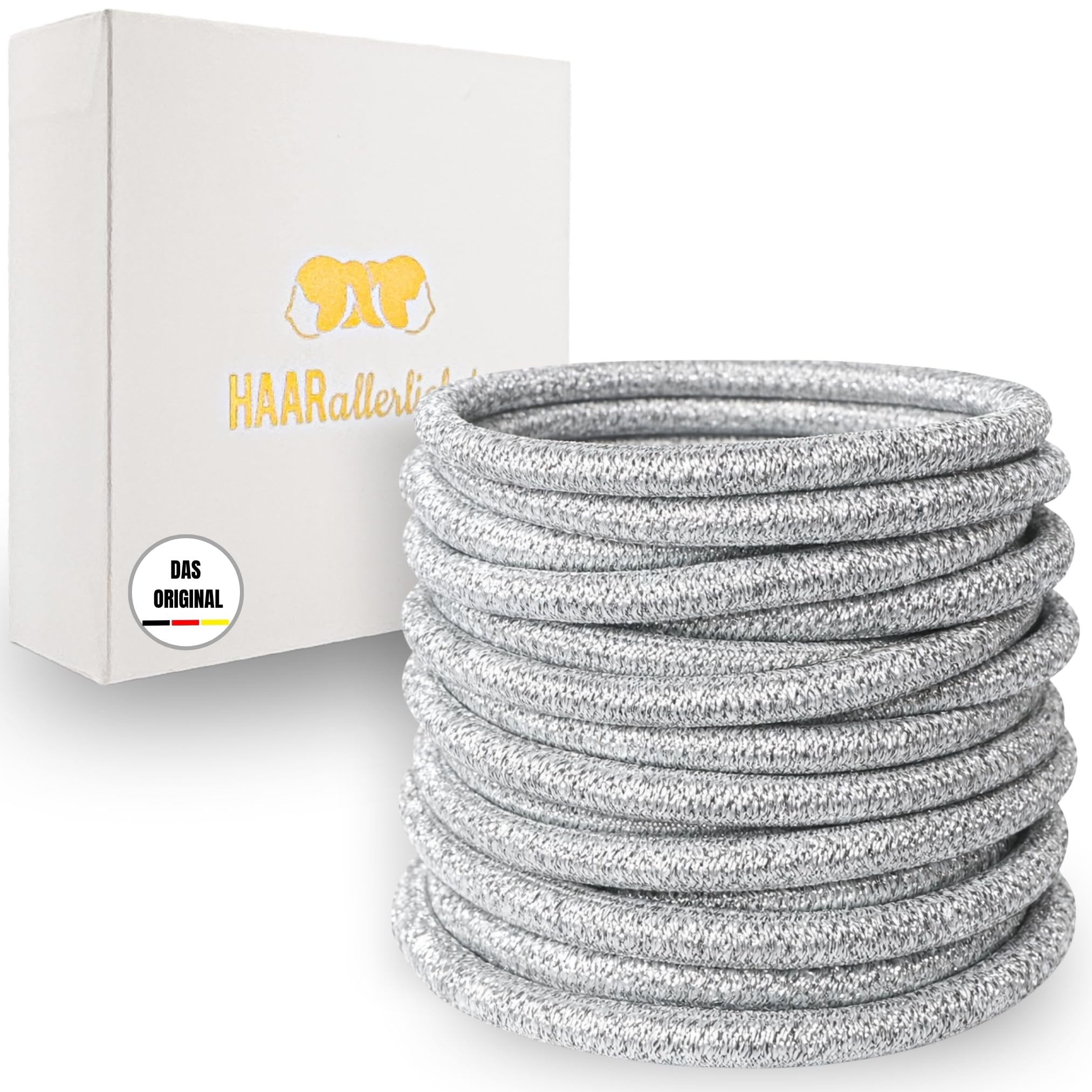 HAARallerliebst Hair Bobbles Thick (Pack of 20, Silver, 3.5 mm Thick) with Box for Storage (Box Colour: White)