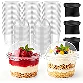 Mwellewm 100 Packs Dessert Cups with Lids, 8 OZ Disposable Plastic Cups with Dome Lid and Fork,Clear Desert Cup Mini Party Serving Container for Parfait Fruit Pudding Jello Ice Cream Drink Yogurt Cake