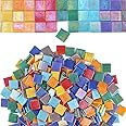 Youway Style Vitreous Glass Mosaic Tiles for Crafts Bulk, 2.2lb Iridescent Mosaic Glass Pieces for Art Crafts, 3/4 inch Square Stained Glass Pieces