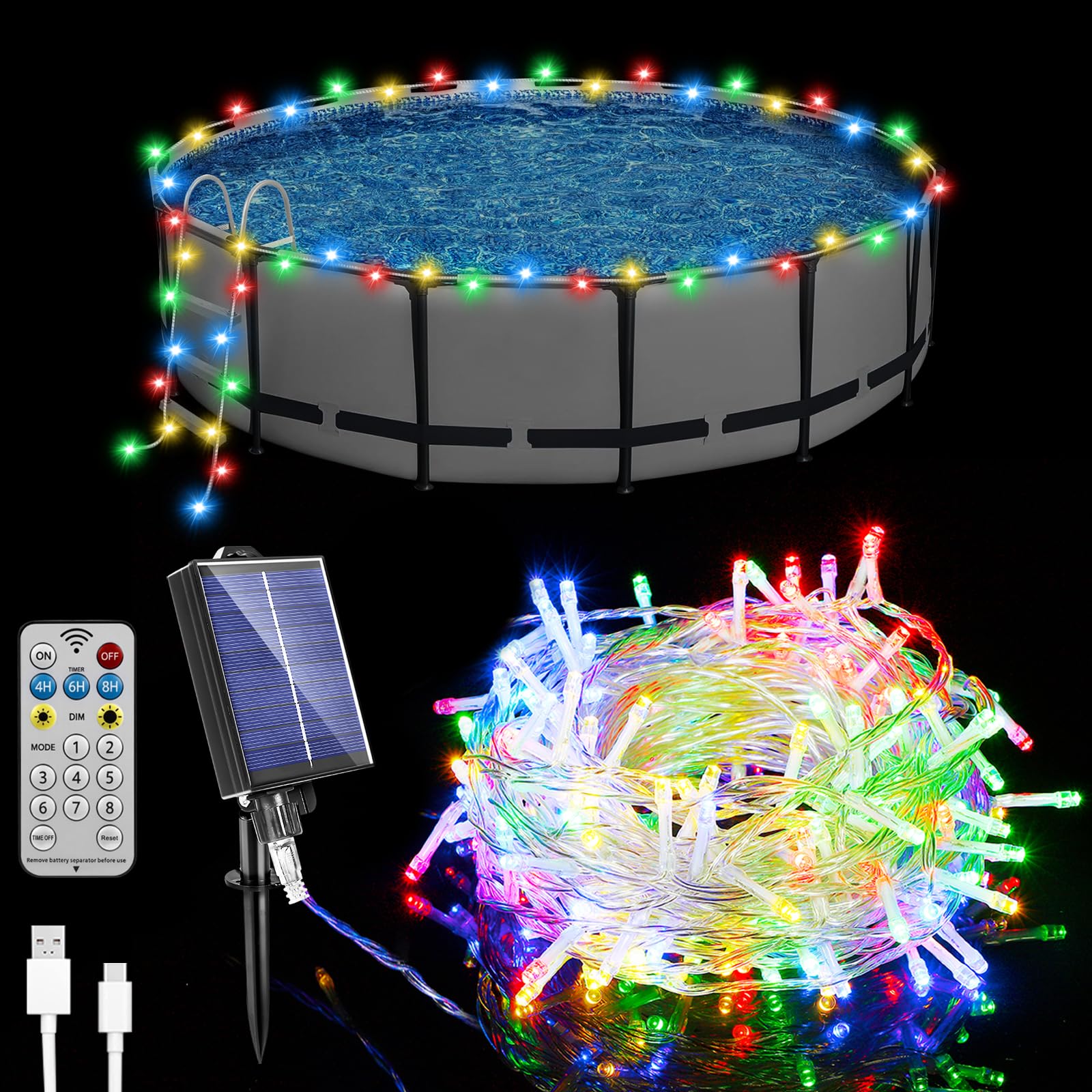 Photo 1 of *** NO USB CABLE *** Solar Pool Lights for Framed Above Ground Pools, 56ft String Lights 150Bulbs, IP65 Waterproof Swimming Pool Accessories, Solar Powered with Charging Port, Remote 8 Modes, Outdoor Trampoline Camping