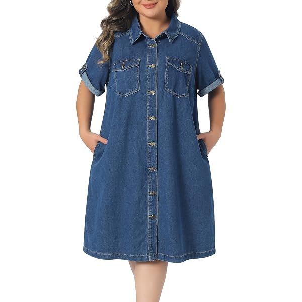Agnes Orinda Plus Size Denim Dress for Women Short Sleeve Button Down with Pockets Midi Jean Denim Shirts Dresses 1X Blue at Amazon Women's Clothing store Agnes Orinda Plus Size Denim Dress for Women Short Sleeve Button Down with Pockets Midi Jean Denim Shirts Dresses 1X Blue at Amazon Women's Clothing store