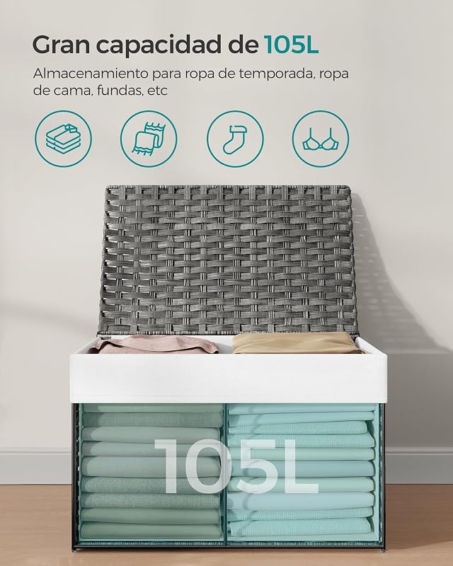 Cesto de Ropa Sucia, Cesta de Ratán Sintético 105 L con Tapa y Asas, Mimbre, Plegable, Forros Extraíbles, para Mantas, Ropa, Dormitorio, Baño, Lavandería, Gris Paloma RST066G01