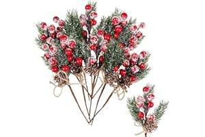 WSFSLJWDW 10PCS Christmas Berries Red Stems Evergreen Pine Branches, Snow Flocked Red Holly Berry Pine Cone Floral Sprays Decoration,Winter Holiday Floral Picks (10PCS)