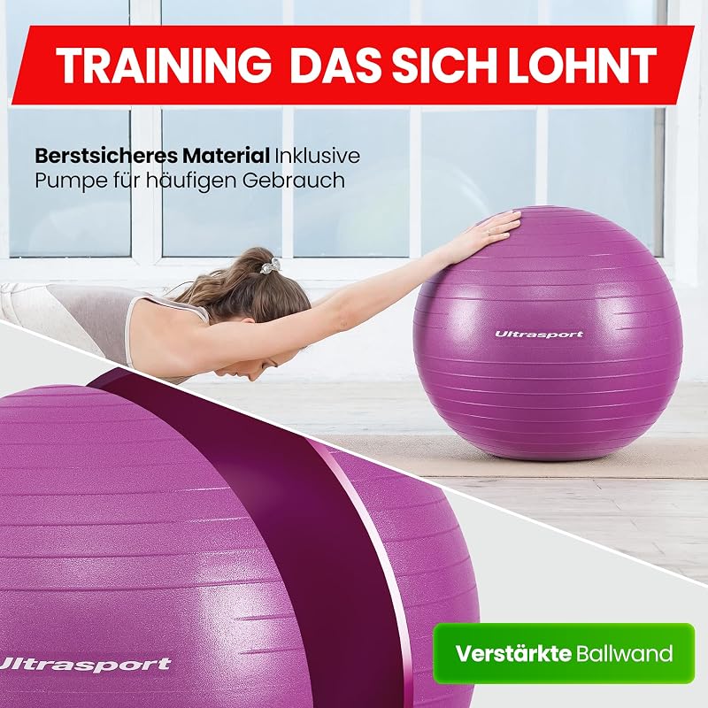 Pilatesball für Yoga & Fitness I Softball bis 300kg, rutschfest, Anti-Burst I Fitball für Schwangerschaft, Gymnastik, Ergonomischer Sitzball für Büro, Klein und Groß (Rot, 55 cm)