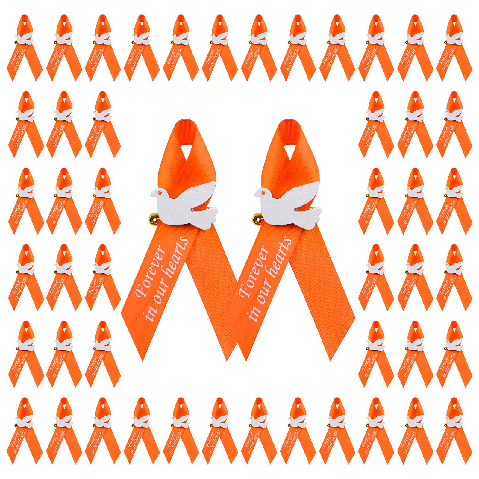 WANDIC 100 PCS Orange Satin Ribbon Pins with Dove,Kidney Cancer Awareness Badges Leukemia Brooches Memorial Ribbon Badges in Forever in Our Hearts for Funeral Mourning Event Bereavement Remembrance