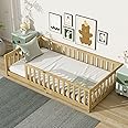 Twin Floor Bed with Safety Guardrails for Kids, Rubber Wood Montessori Bed with Slats, Twin Size Bed Frame for Girls and Boys,No Box Spring Needed,Natural