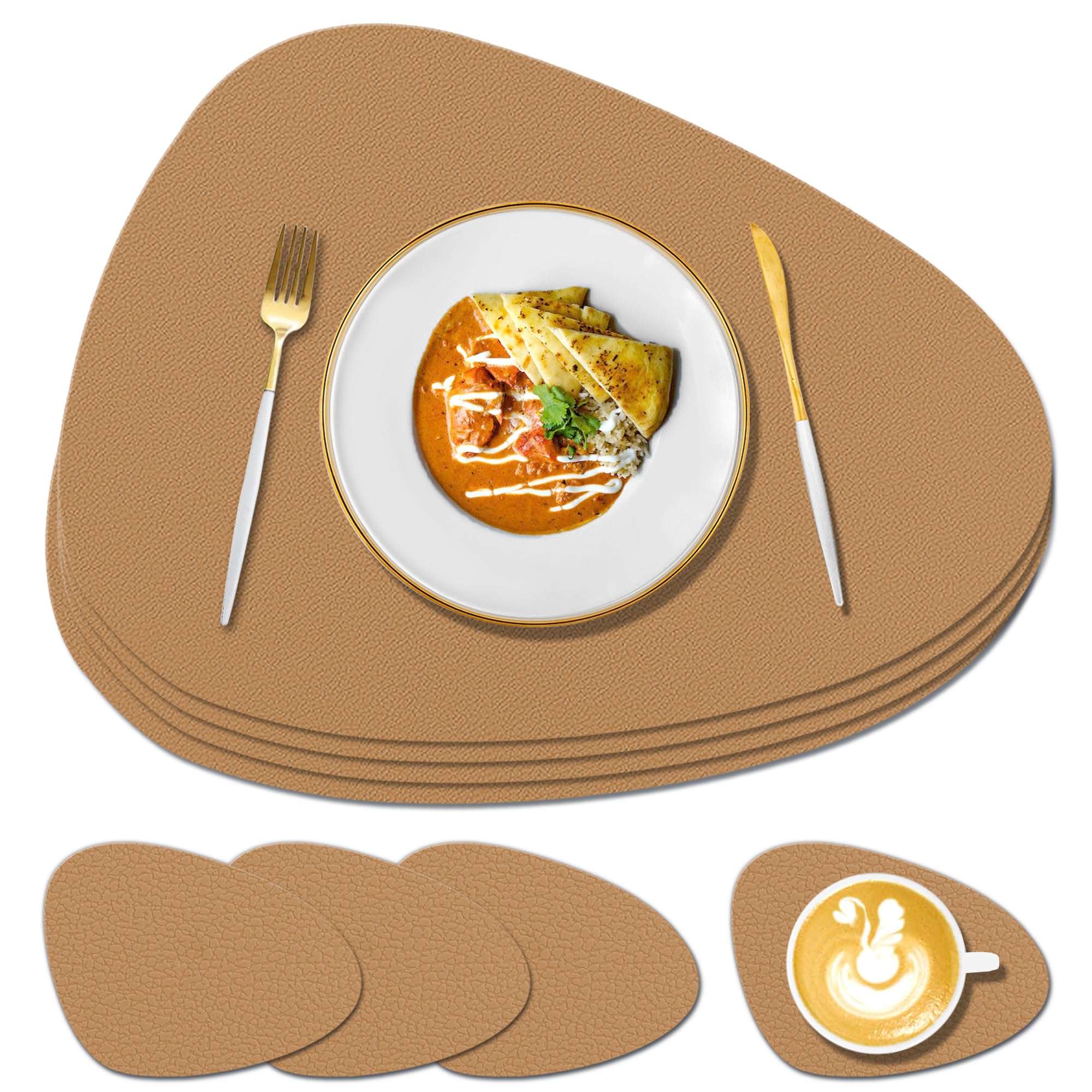 KERYCHIN 4 Silicone Place Mats + 4 Coaster Set, Heat Resistant 450 °F,Non-slip Texture Design, Easy to Clean, Washable Table Mats for Kitchen, Home, Restaurant, Outdoor Glass Dining Table, Brown