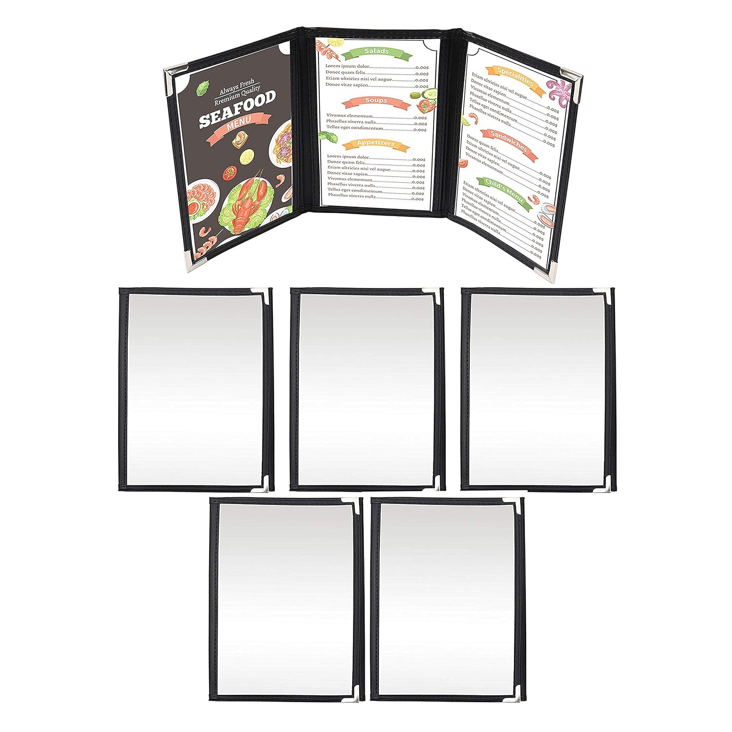 Triple Fold A5 Menu Covers 5 Pack Double Stitched Clear Vinyl Black