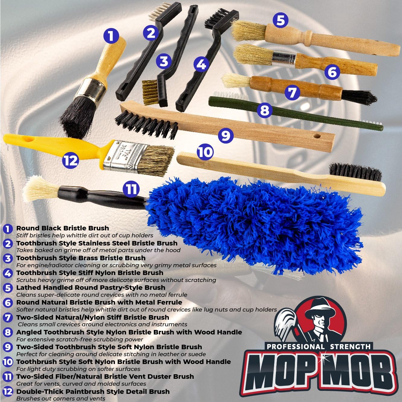 Pro-grade Auto Detailing Brush Kit 12 Pack. Ultra Value Set For Interior and Exterior Car Care. Clean Every Crevice with Gentle, Scratch-Free Natural Detailing Brushes and Heavy-Duty Wire Scrubbers: Automotive