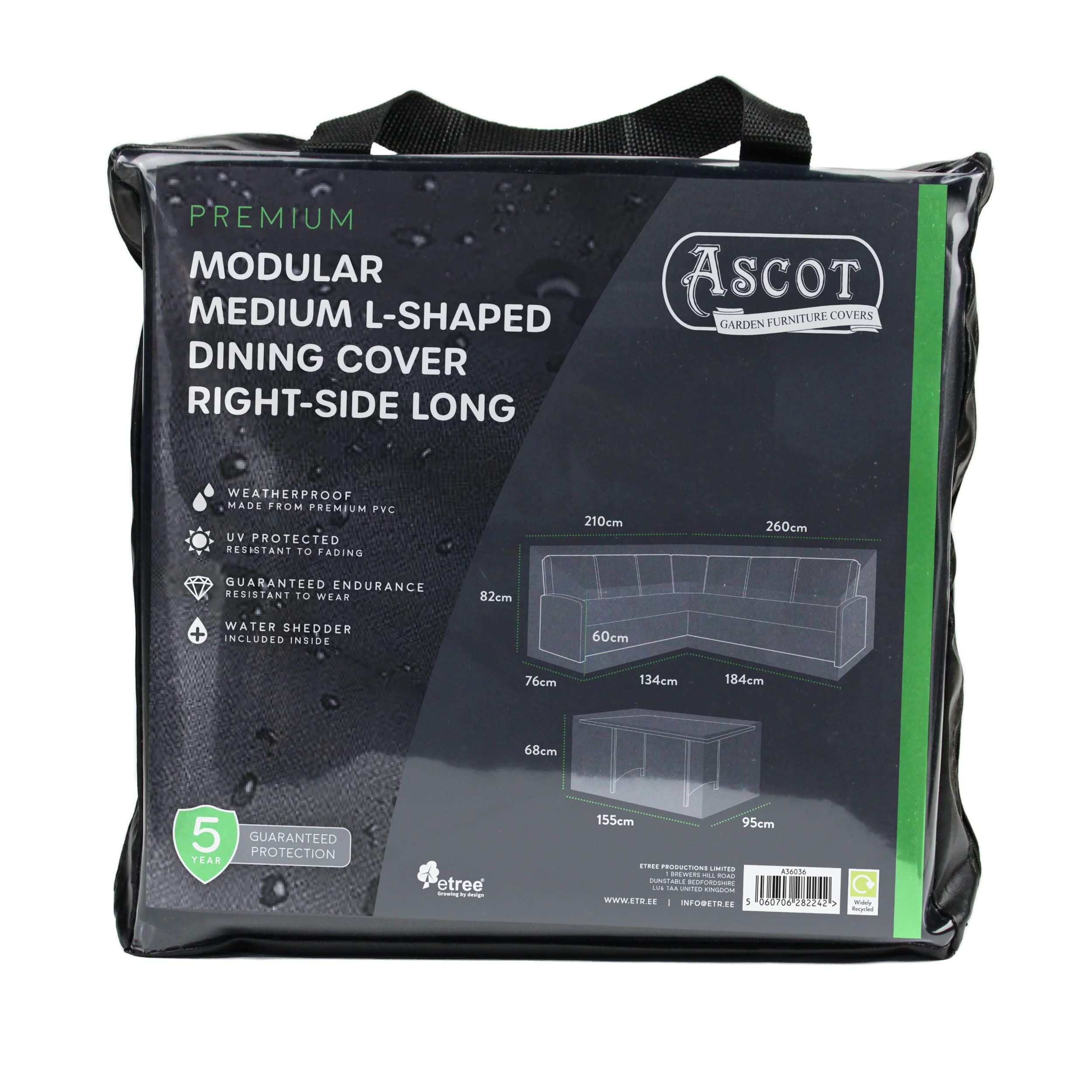 Ascot Premium Modular Medium L Shaped Dining Cover (right side long) - 260/184 X 210/134 X 76 (D) X 60/82 (H) Table: 155 X 95 X 68 H Deep Black