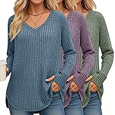 Oakgarden 3 Pack Women's Long Sleeve Sweaters with Thumb Hole, Ribbed V Neck Loose Tunic Tops Curved Hem Side Split Shirts